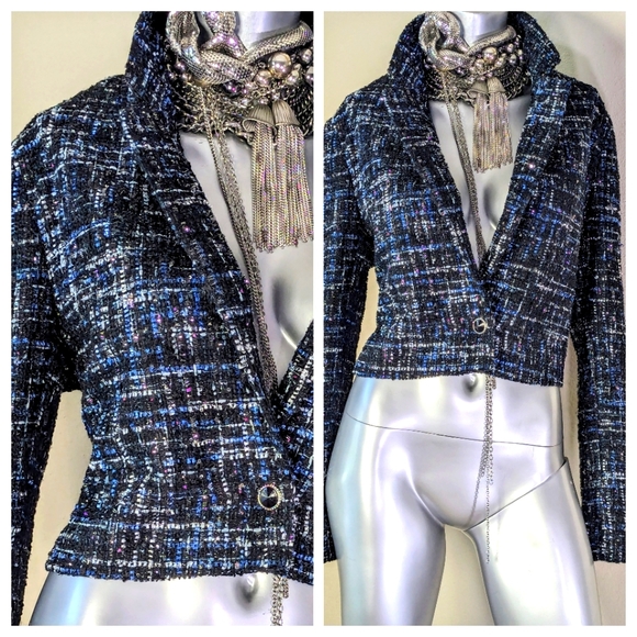 "Bagatelle Collection" TWeed Cropped Dark Academia Sparkling One Button Jacket - Picture 5 of 10